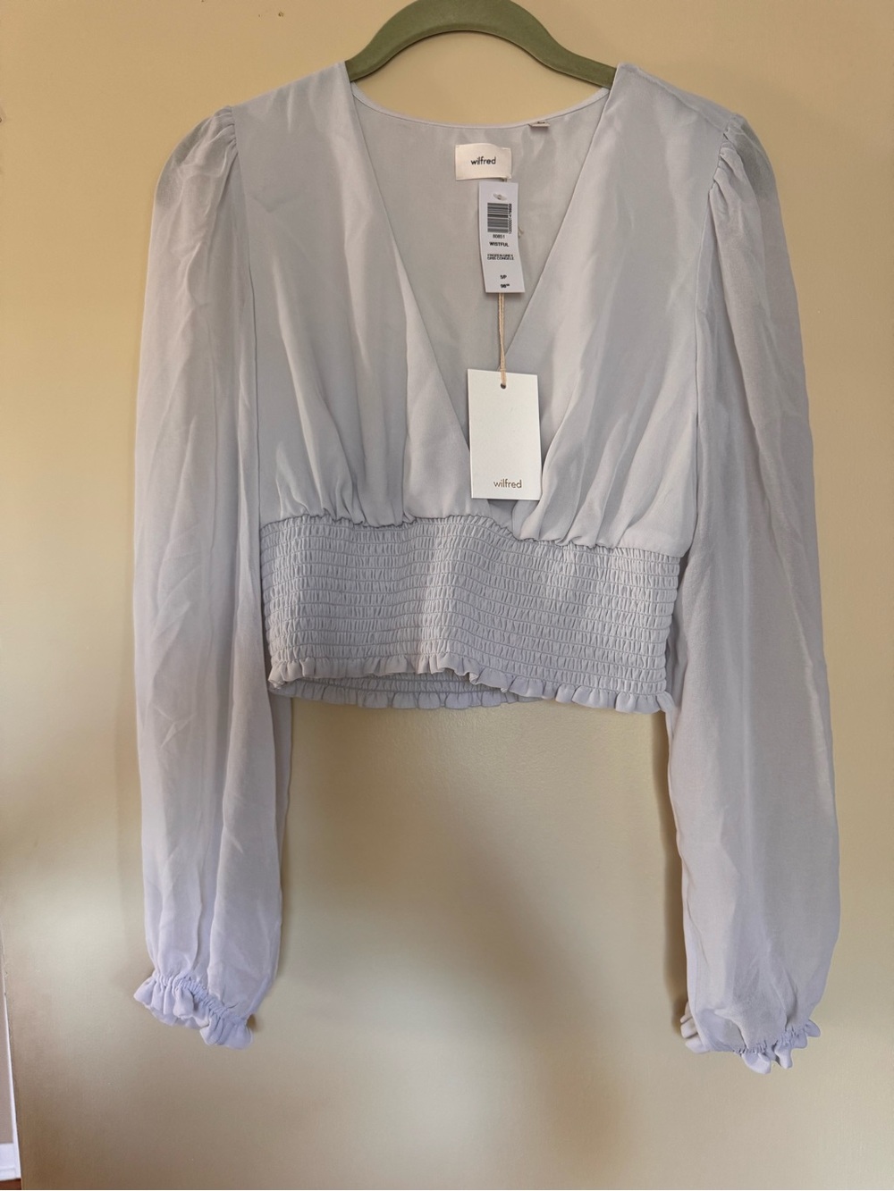 Wilfred Light Gray V-Neck Smocked-Waist Blouse